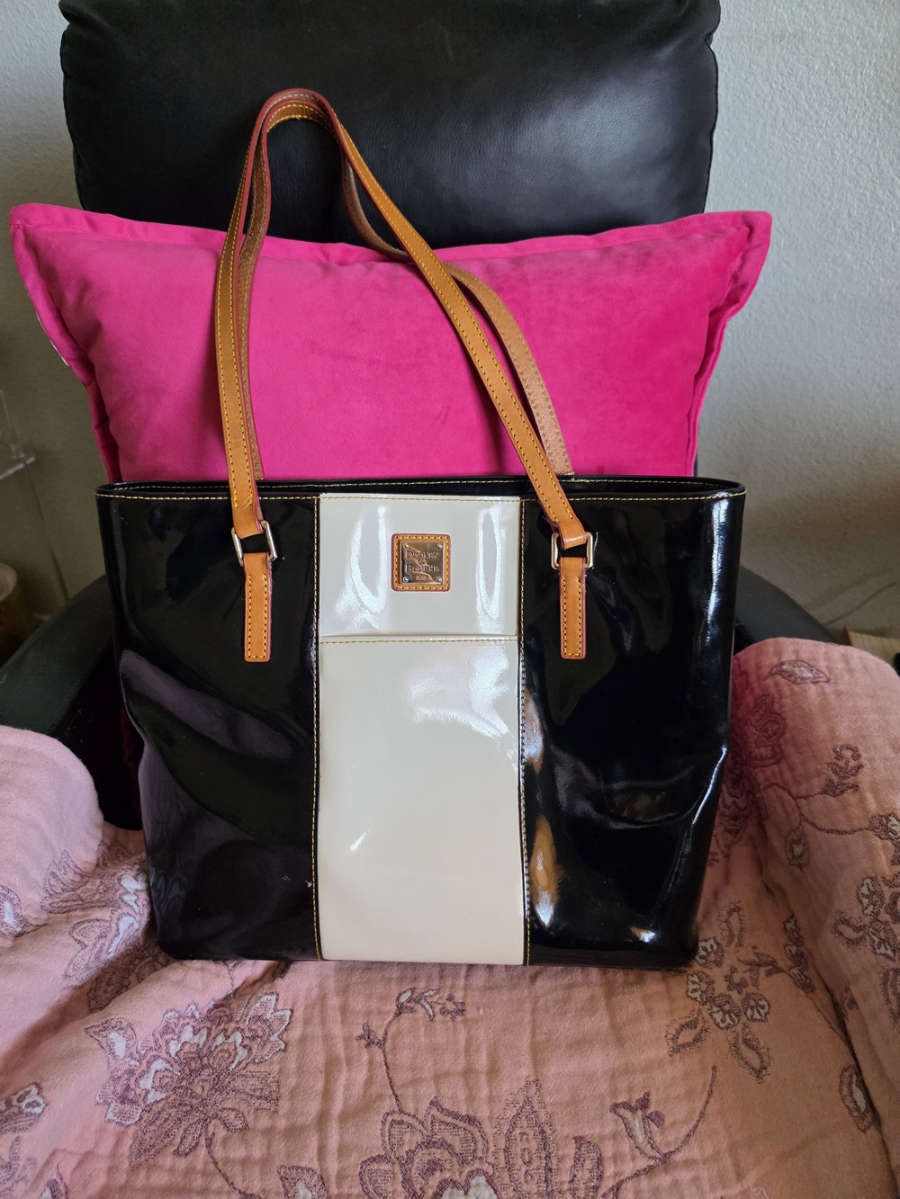 Dooney & Bourke Black and White Patent Leather Tote with Tan Handles